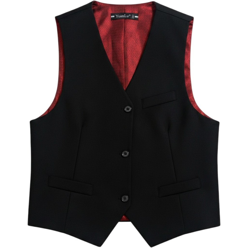 Yuan Lu Boys Black Formal Dress Suit Vest Lining Red Diamond‎ Sz 12 with Bow Tie